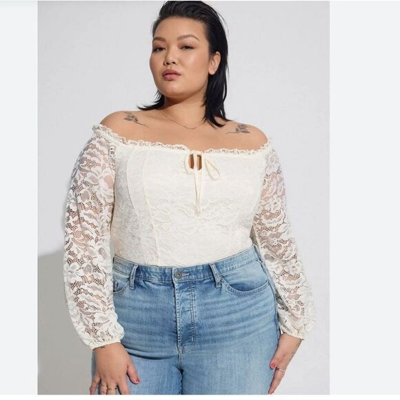 Torrid Stretch Lace Off Shoulder Corset Seamed Long Sleeve Top Size 3 3X Cream - Picture 1 of 9